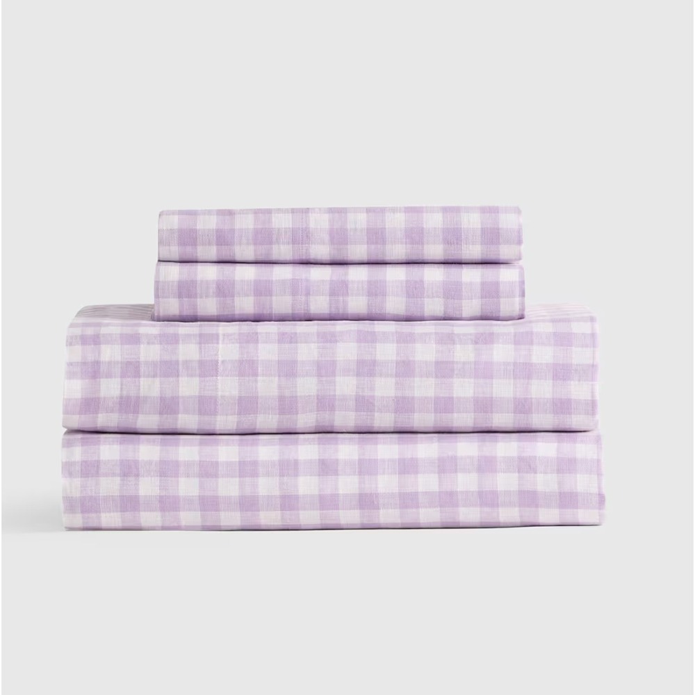 Quince European Linen Lavender Gingham Sheet Set Twin Size Piece w/ Flat Sheet